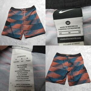 Nike Swim Shorts Mens 32 Orange‎ Blue Striped Cargo Pocket Lace Up Trunks Board